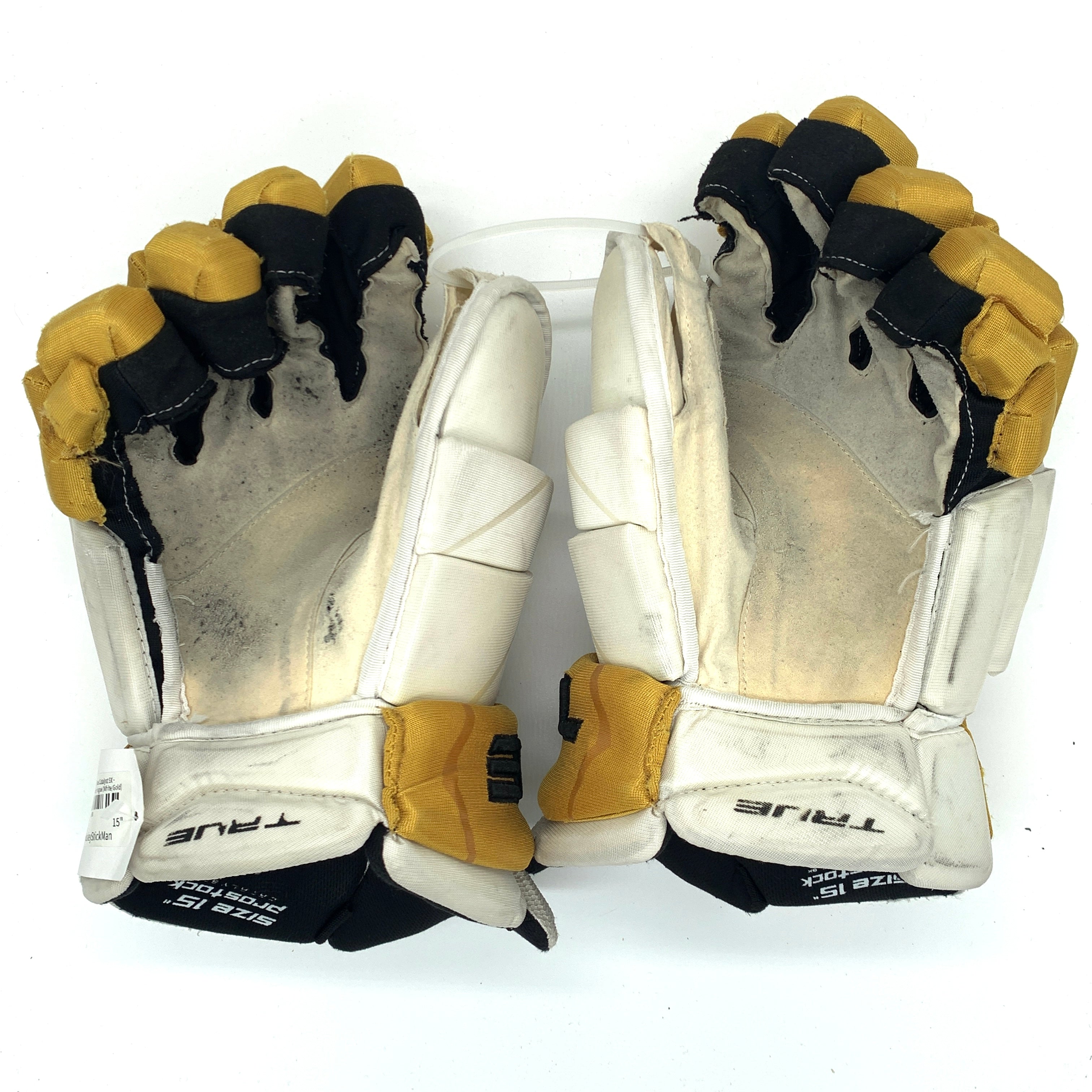 True Catalyst 9X - Gants d'occasion NHL Pro Stock - Golden Knights de Vegas - Nicolas Hague (blanc/or)